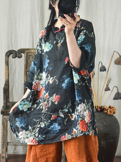 Chemise à col montant et ourlet fendu en ramie à fleurs vintage pour femme OP1032