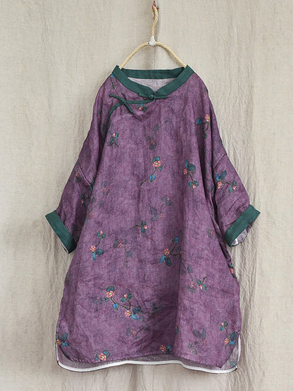 Chemise à col montant et ourlet fendu en ramie à fleurs vintage pour femme OP1032