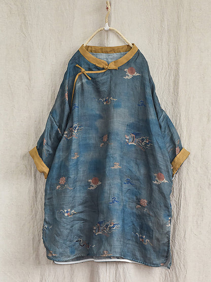 Chemise à col montant et ourlet fendu en ramie à fleurs vintage pour femme OP1032