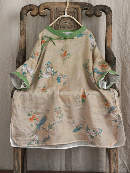 Chemise à col montant et ourlet fendu en ramie à fleurs vintage pour femme OP1032