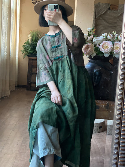 Robe d'été en lin avec boucle épissée et fleurs pour femmes RR1010