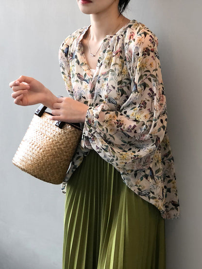 Women Artsy Spring Floral V-Neck Loose Shirt RR1006