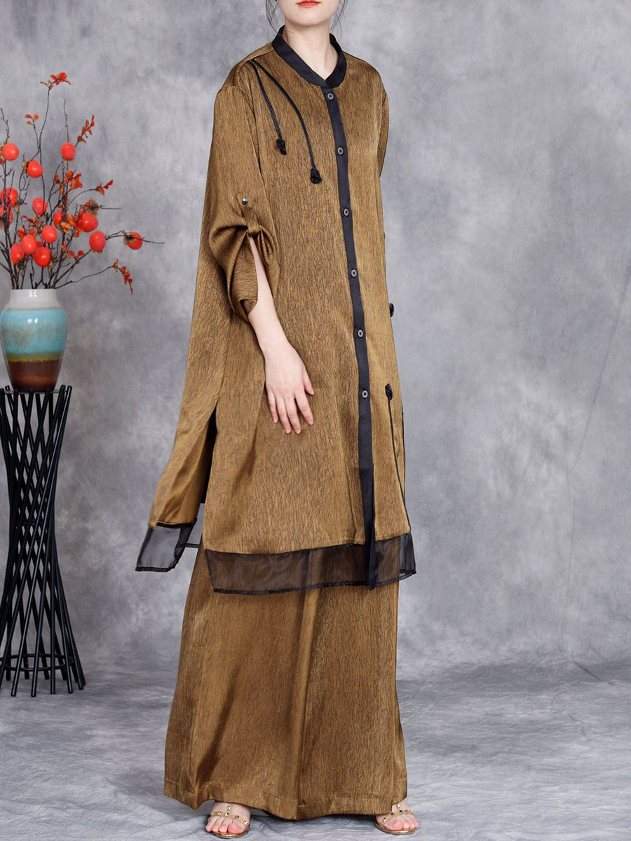 Women Summer Artsy Spliced Loose Button-up Shirt+Pants OP1005