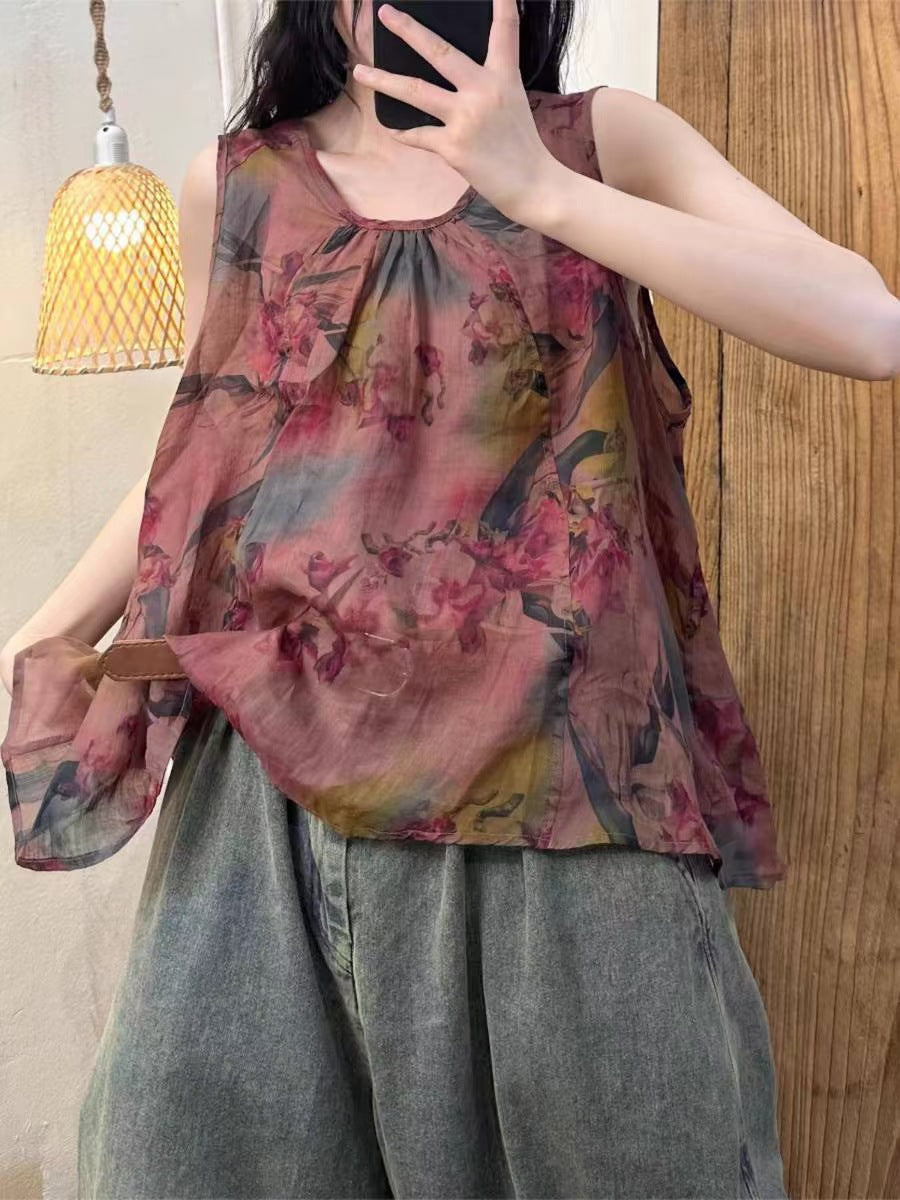 Women Summer Artsy Flower Button Loose Ramie Vest OP1004