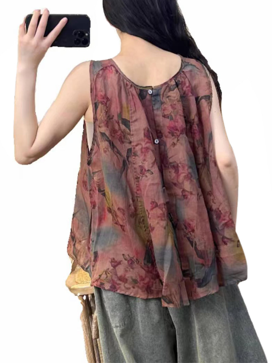 Women Summer Artsy Flower Button Loose Ramie Vest OP1004