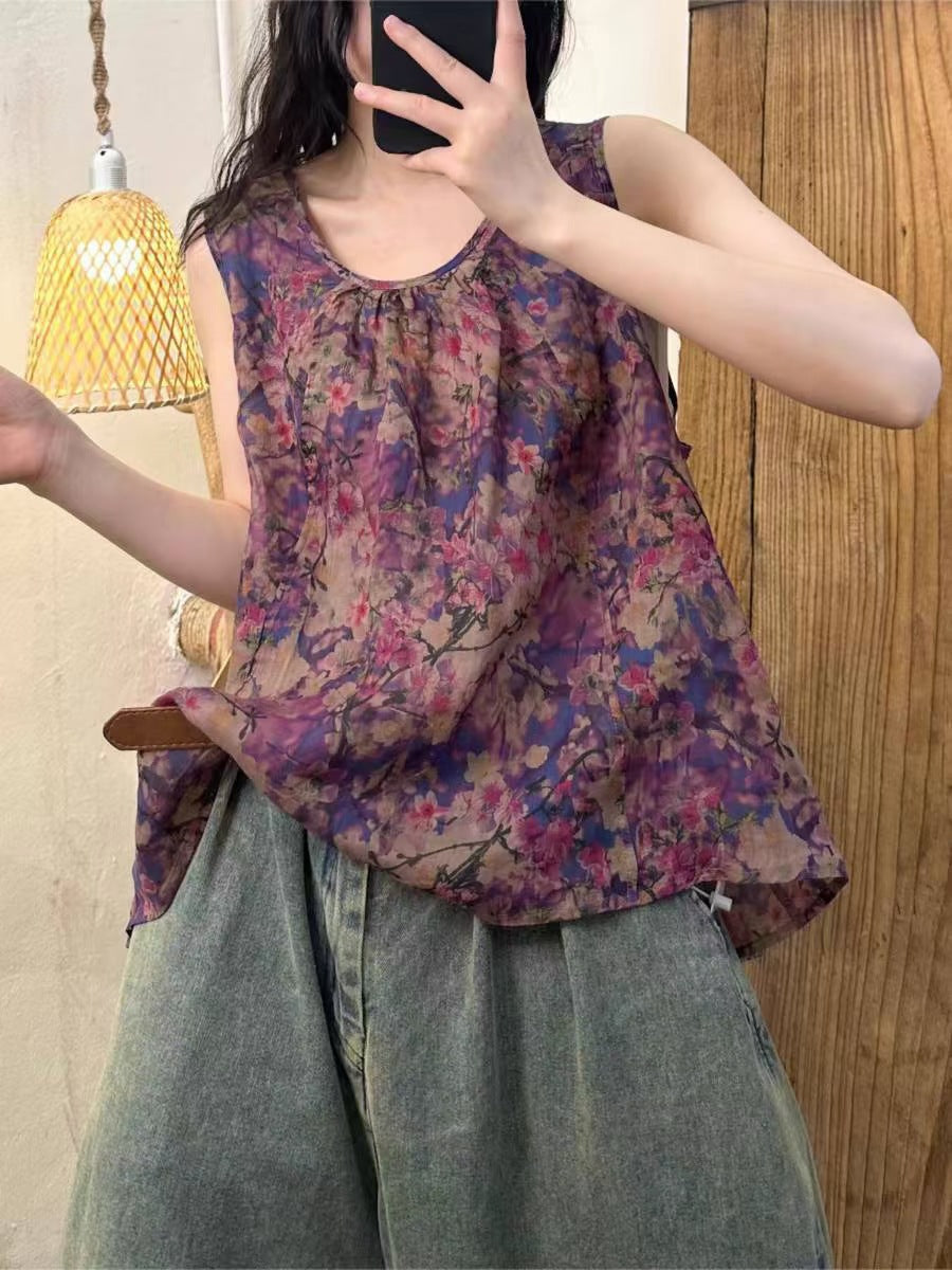 Women Summer Artsy Flower Button Loose Ramie Vest OP1004