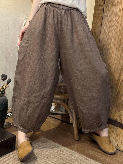 Pantalon sarouel décontracté d'été en lin à carreaux pour femmes OO1024