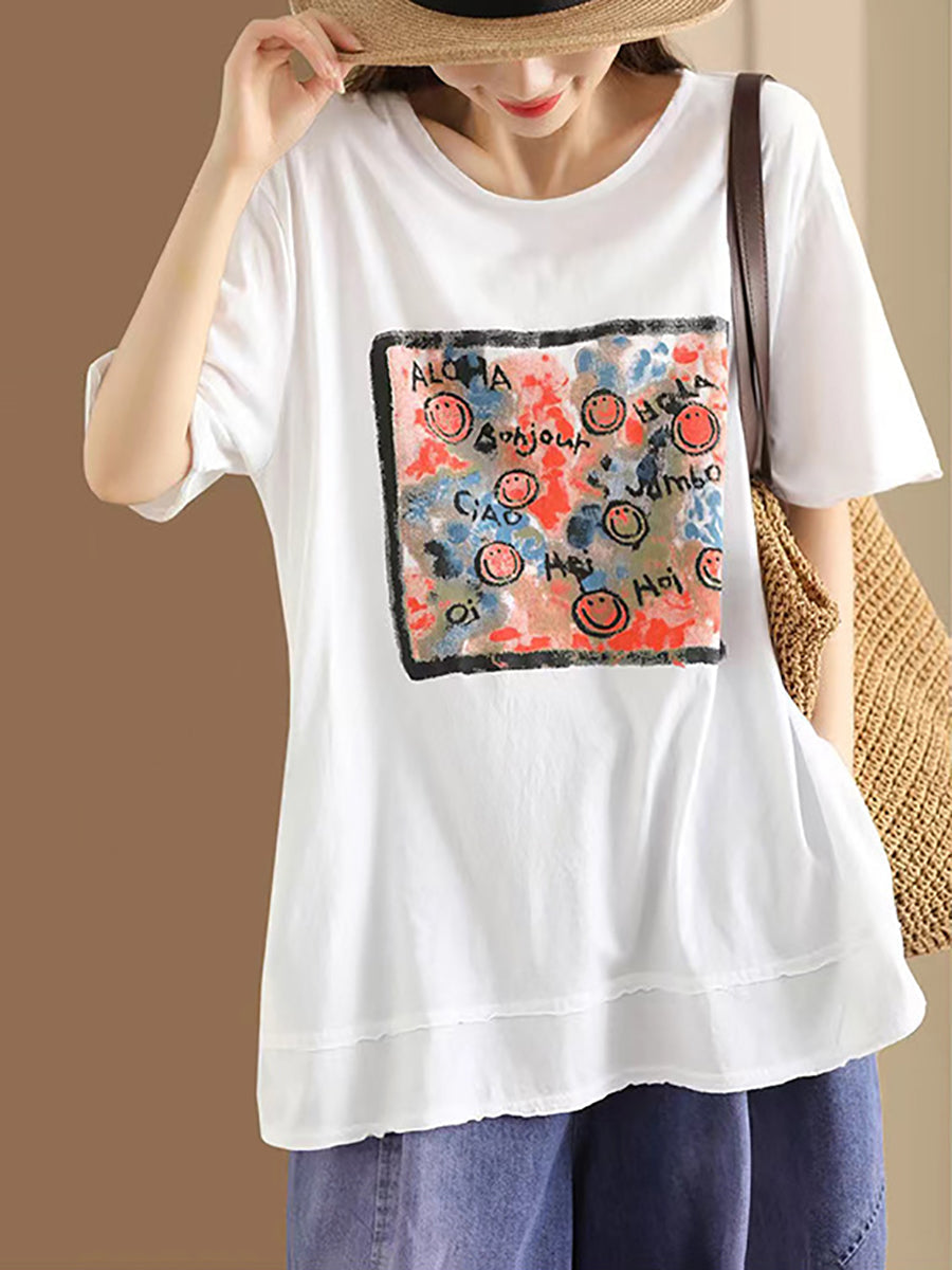 Women Casual Summer Print O-Neck Cotton Shirt OO1008