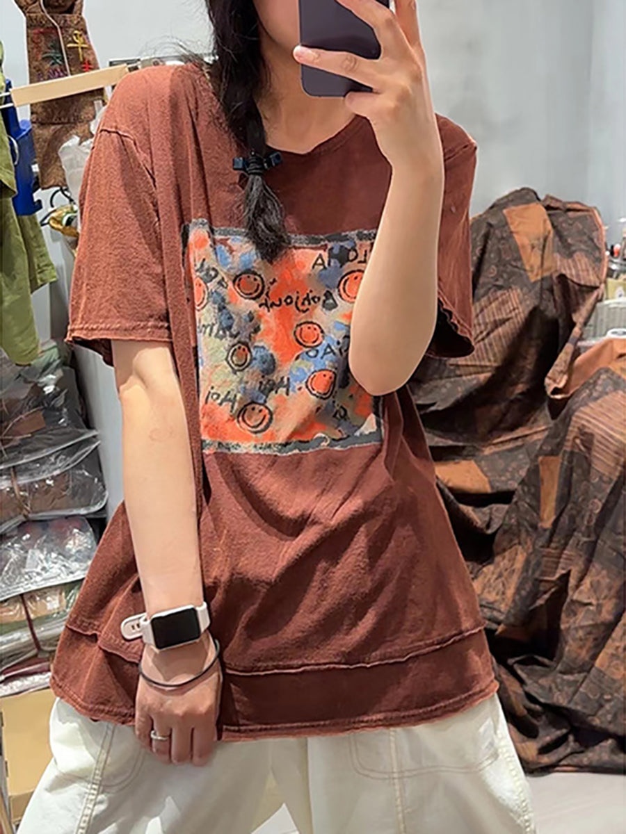 Women Casual Summer Print O-Neck Cotton Shirt OO1008