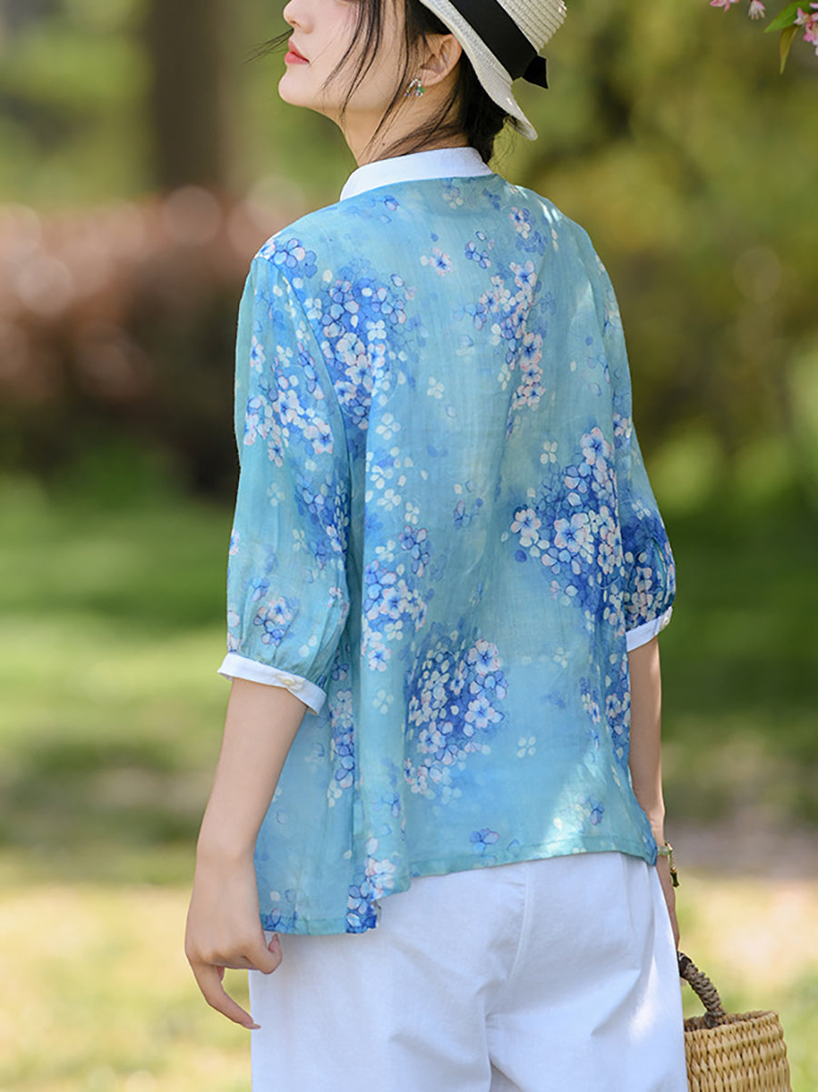 Women Summer Ethnic Floral Spliced Ramie Shirt OO1010