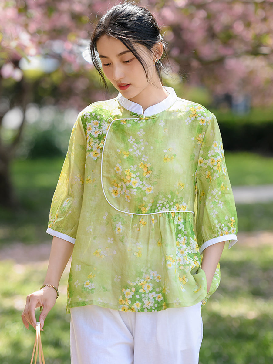 Women Summer Ethnic Floral Spliced Ramie Shirt OO1010