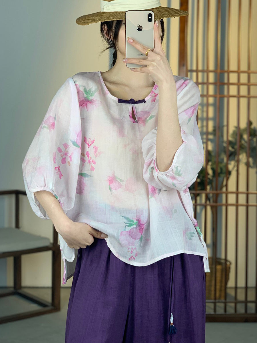 Women Summer Artsy Floral Button Ramie Shirt OO1012