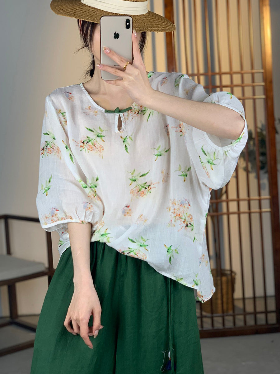 Women Summer Artsy Floral Button Ramie Shirt OO1012