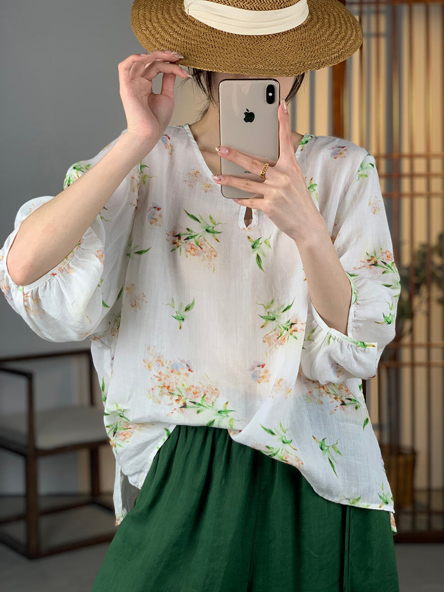 Women Summer Artsy Floral Button Ramie Shirt OO1012