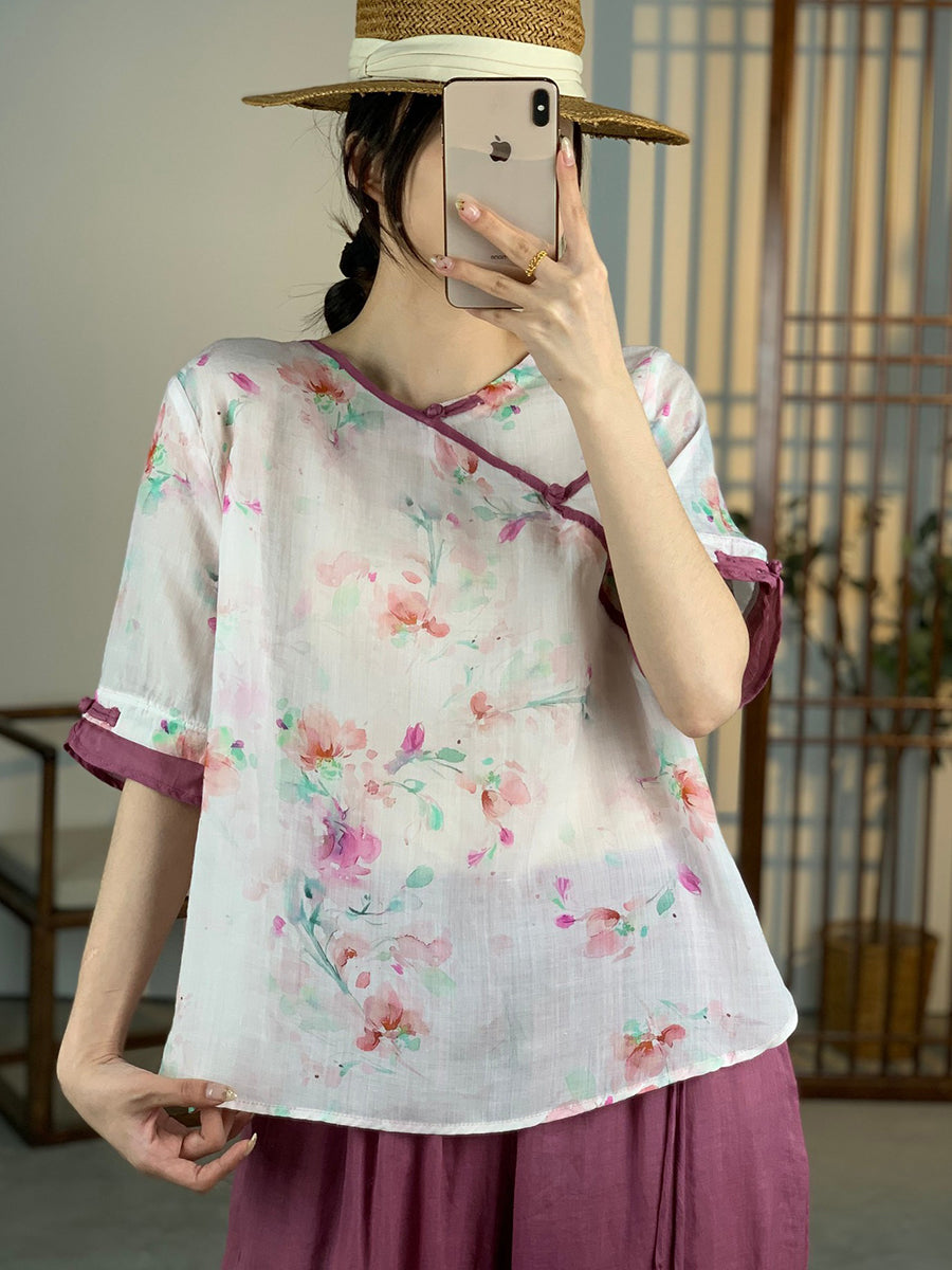 Women Summer Artsy Floral Button Ramie Shirt OO1012