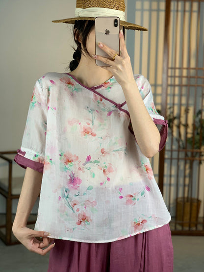 Chemise d'été à boutons et motif floral pour femme en ramie OO1012