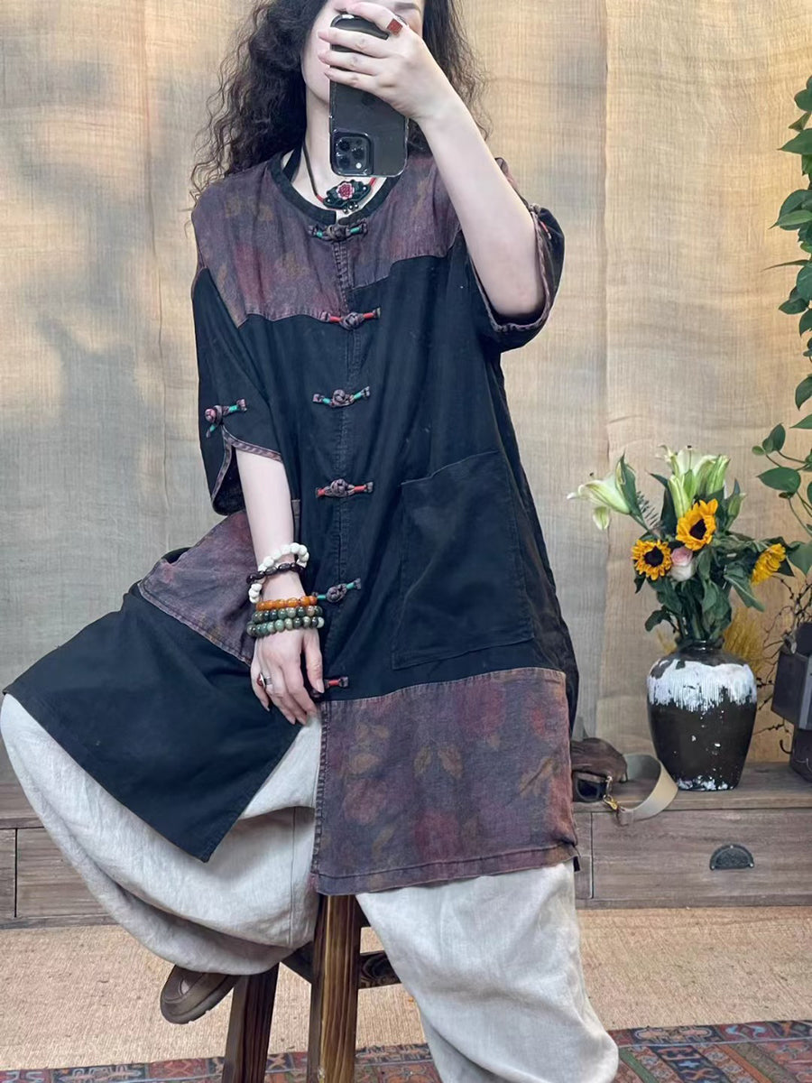 Women Summer Vintage Spliced Button Linen Shirt OO1014