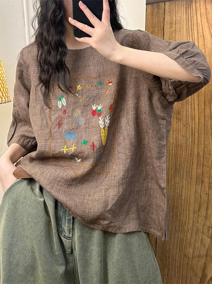 Chemise d'été en lin avec broderie artistique pour femme II1055