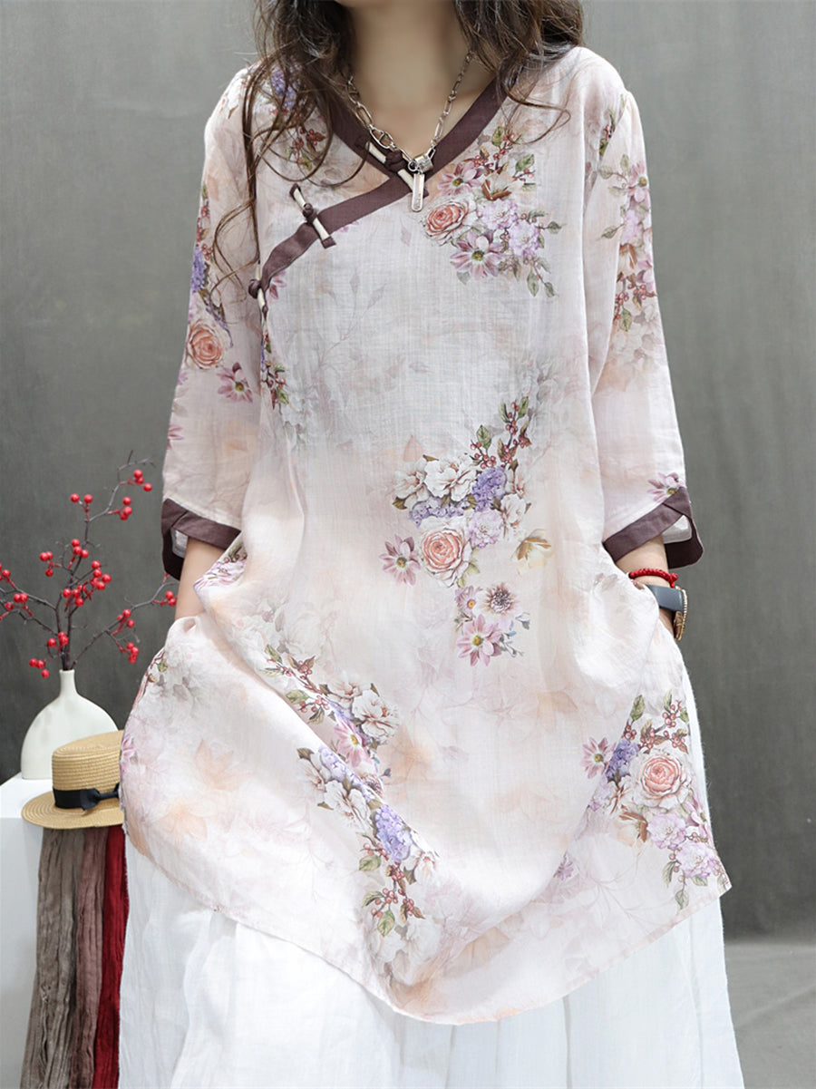 Women Summer Vintage Flower Spliced Ramie Shirt II1036