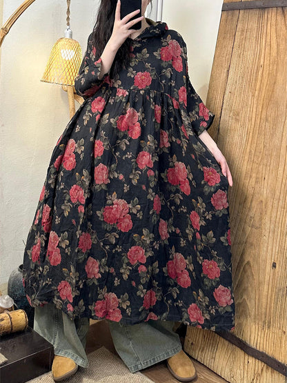 Robe d'été à capuche en coton à fleurs artistiques pour femmes II1034