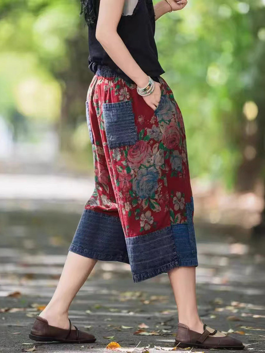 Women Summer Ethnic Floral Spliced Mid-Claf Pants II1037