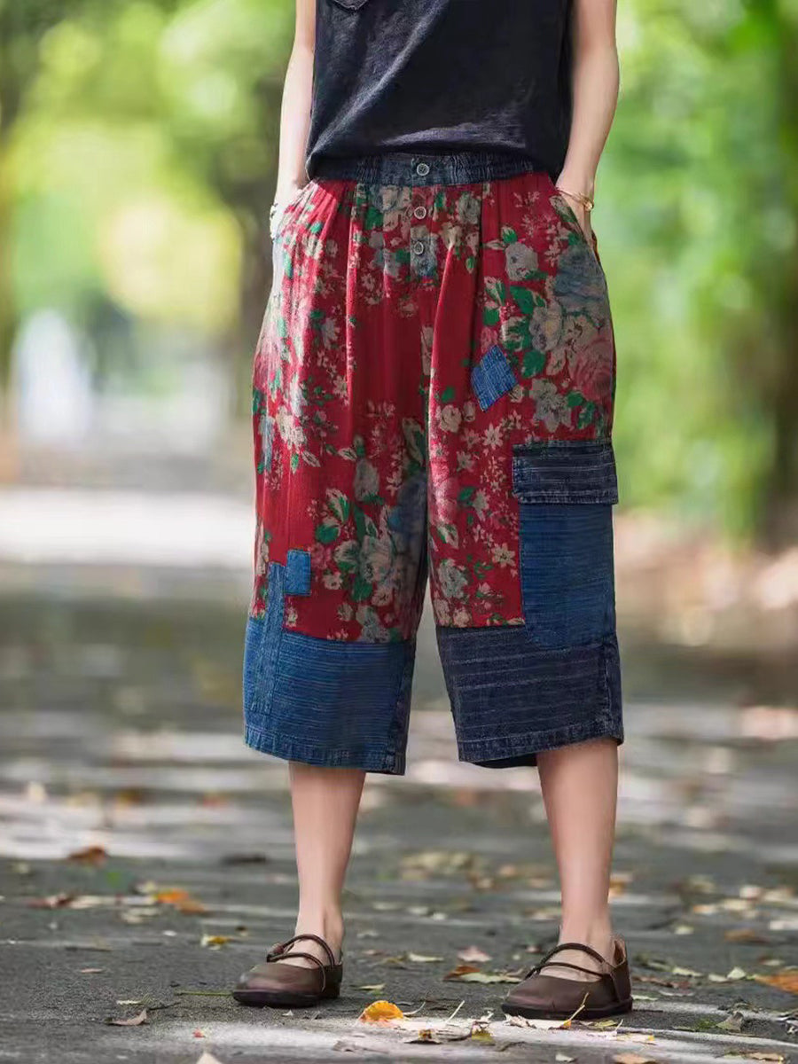 Women Summer Ethnic Floral Spliced Mid-Claf Pants II1037