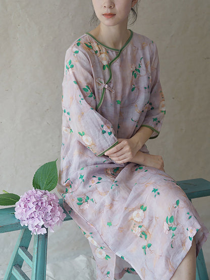 Robe d'été vintage à fleurs en ramie pour femme II1041