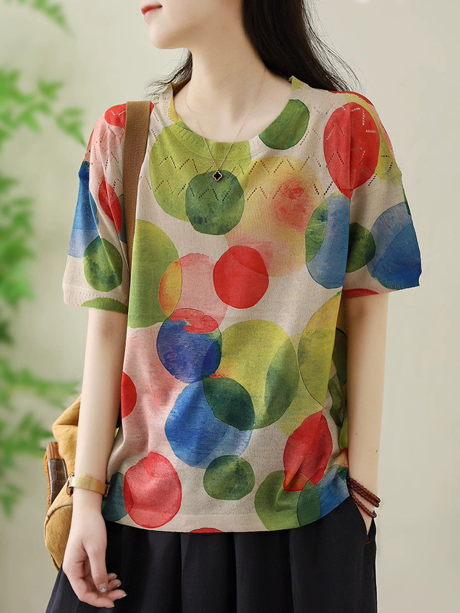 Women Summer Casual Flower O-neck Knitted Shirt II1044