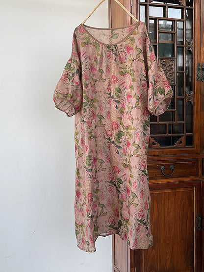 Robe d'été en ramie fine à col rond et motif floral vintage pour femme II1045