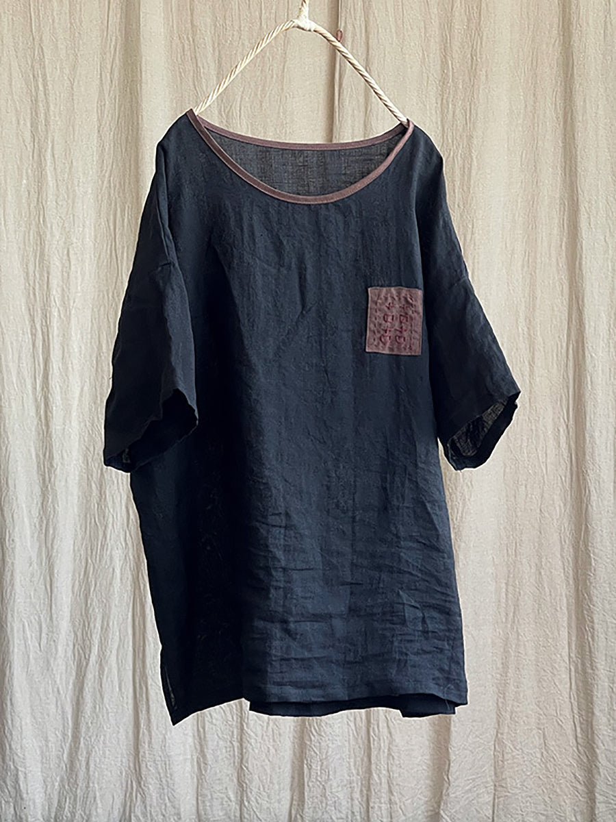 Damen Sommer Vintage Gespleißtes O-Ausschnitt Ramie Shirt II1054