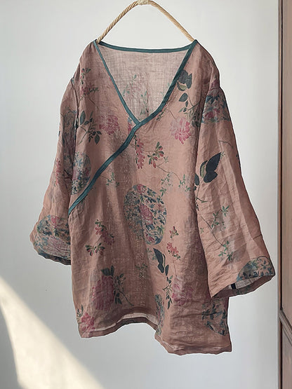 Chemise d'été en ramie à col en V et à fleurs vintage pour femme II1046