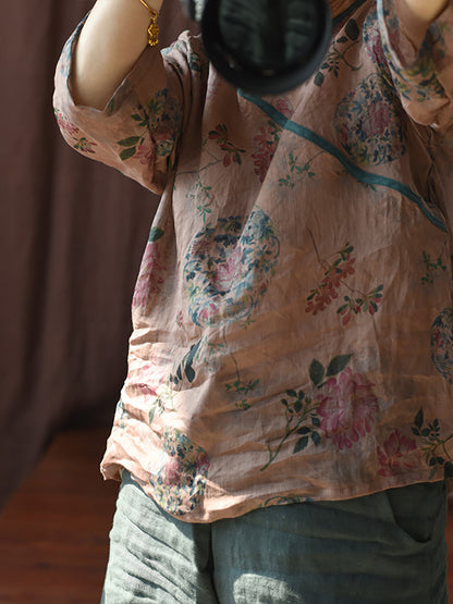 Chemise d'été en ramie à col en V et à fleurs vintage pour femme II1046