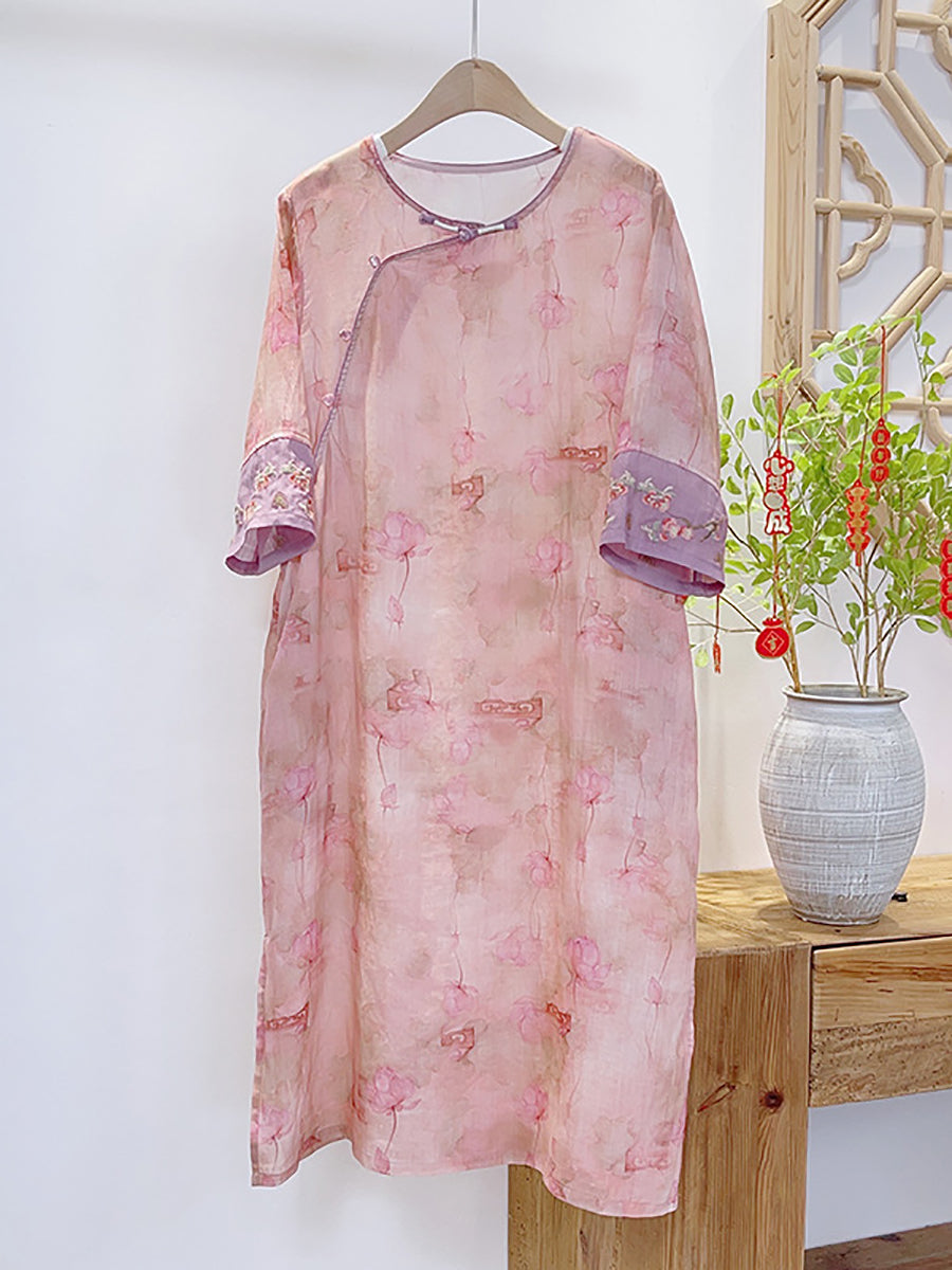 Women Summer Vintage Floral Spliced Ramie Dress II1051