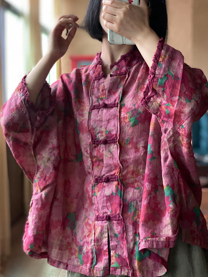 Chemise boutonnée en lin à bords bruts et à fleurs vintage pour femme OO1038