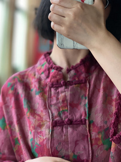 Chemise boutonnée en lin à bords bruts et à fleurs vintage pour femme OO1038