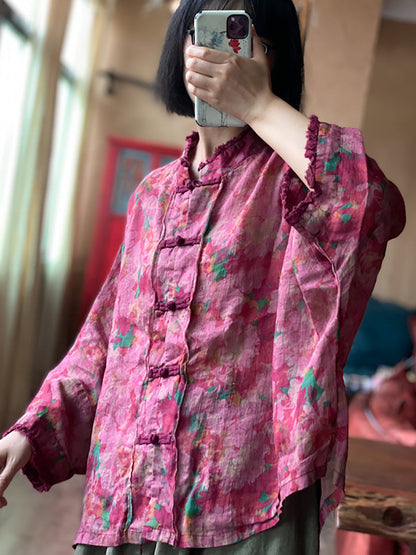 Chemise boutonnée en lin à bords bruts et à fleurs vintage pour femme OO1038