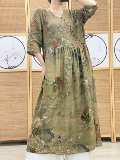 Robe d'été vintage à fleurs en ramie à col en V pour femme OO1039