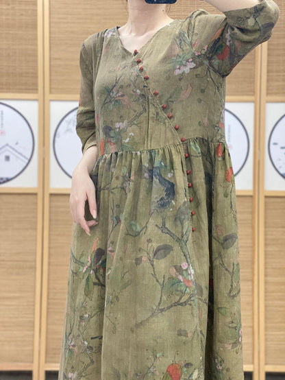 Robe d'été vintage à fleurs en ramie à col en V pour femme OO1039