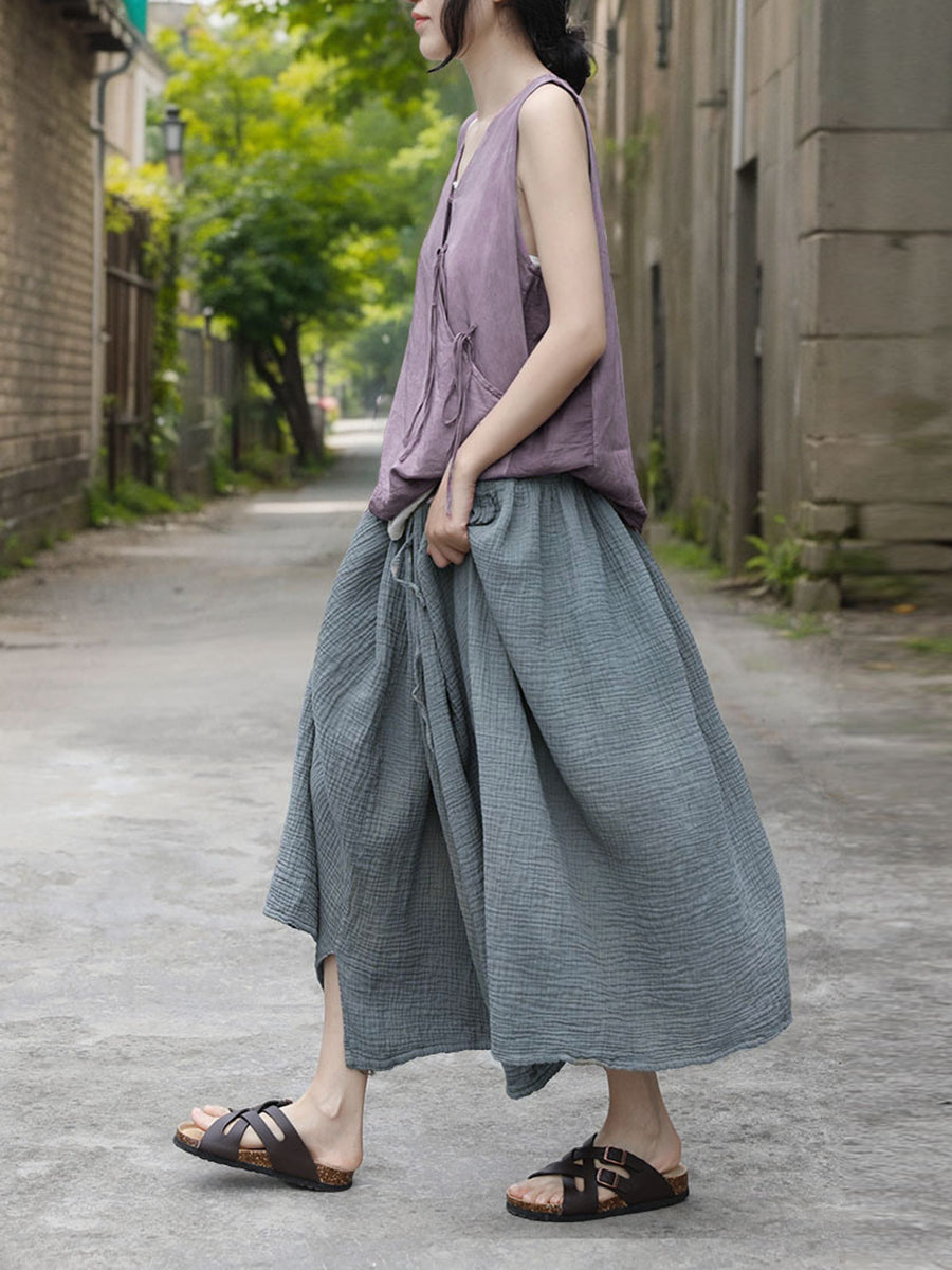 Women Summer Vintage Solid Cotton Loose Skirt OO1040