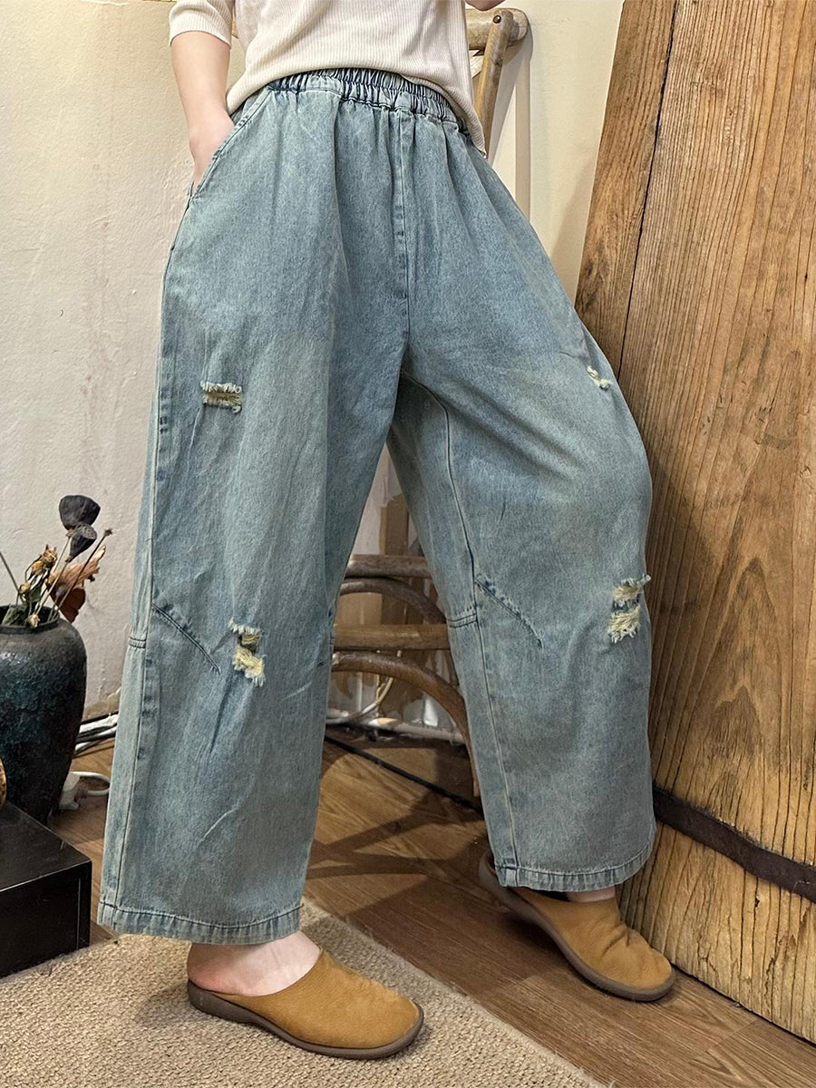 Women Summer Retro Frayed Denim Wide-leg Pants OO1049