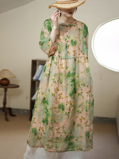 Robe d'été en ramie fine à fleurs artistiques pour femmes II1006