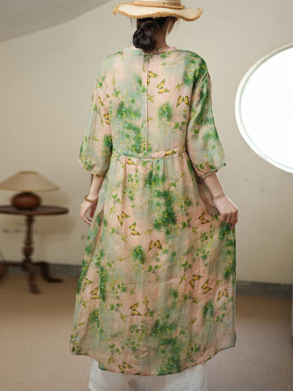 Robe d'été en ramie fine à fleurs artistiques pour femmes II1006