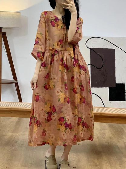 Robe d'été vintage à fleurs et col en V en ramie pour femme II1007