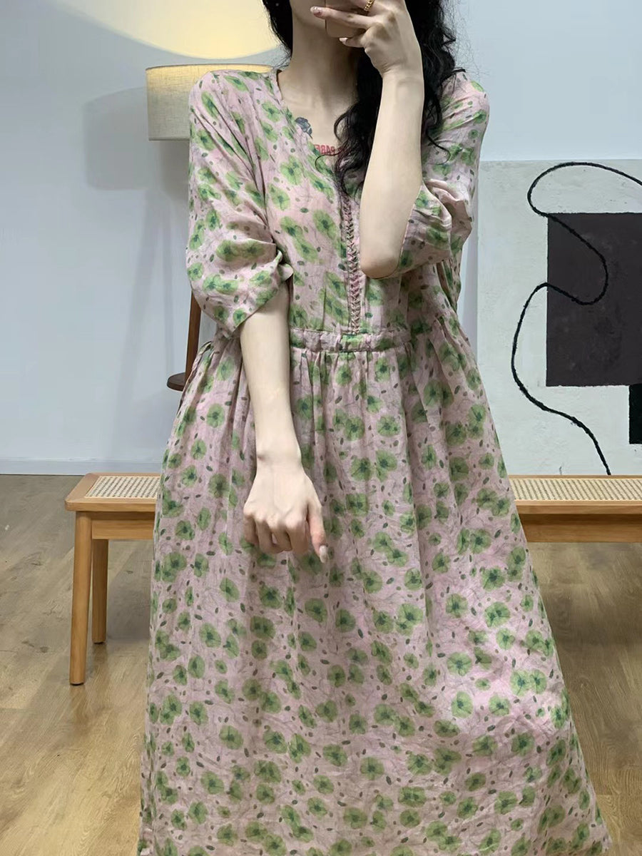 Women Summer Vintage Flower V-Neck Ramie Dress II1007