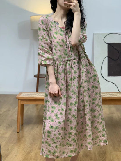 Robe d'été vintage à fleurs et col en V en ramie pour femme II1007