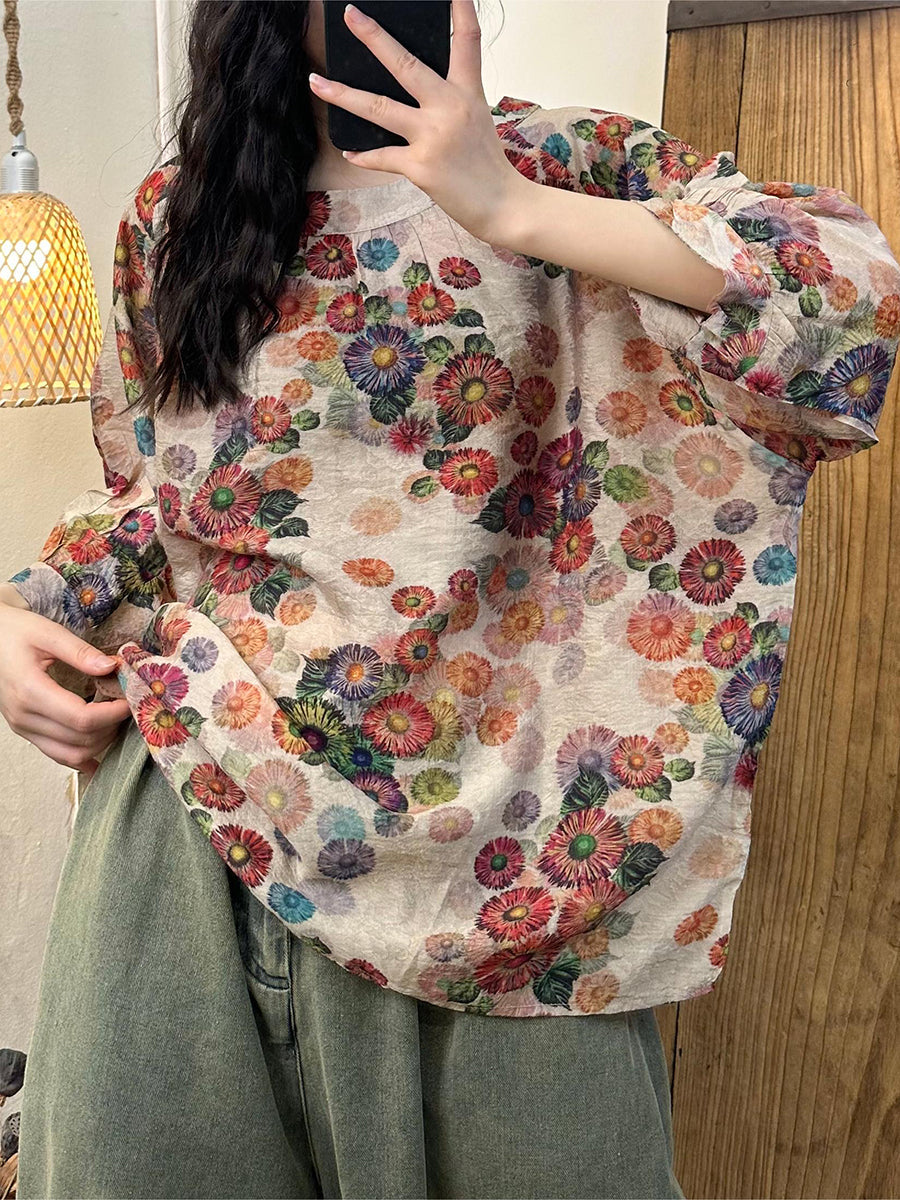 Women Summer Casual Flower Batwing Sleeve Loose Shirt PP1026