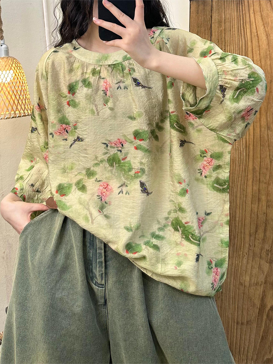 Women Summer Casual Flower Batwing Sleeve Loose Shirt PP1026