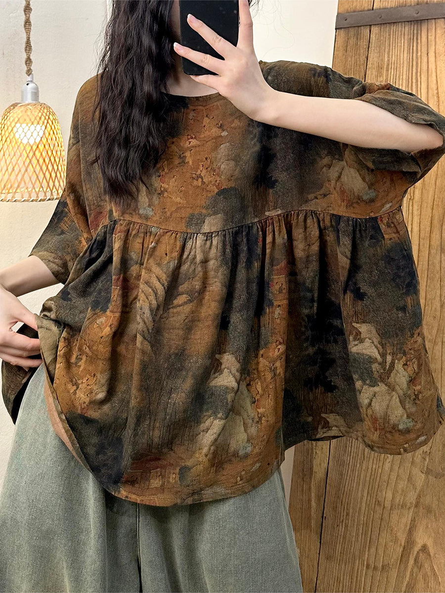 Women Summer Vintage Flower Spliced Cotton Shirt PP1049