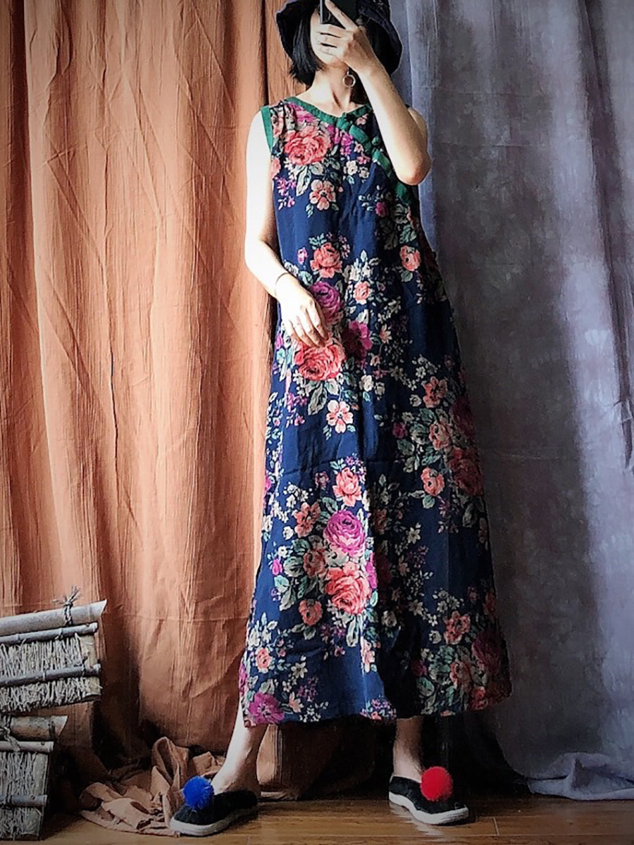 Women Summer Vintage Flower Spliced Robe Vest Dress PP1045