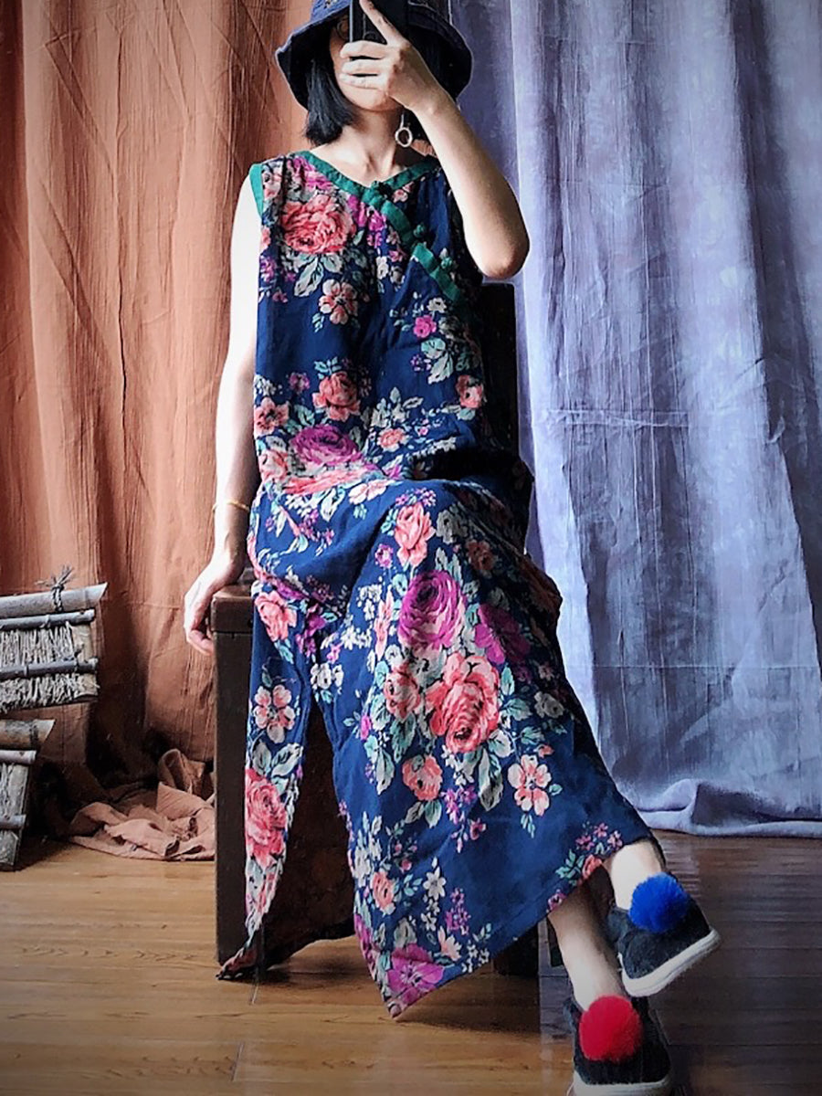 Women Summer Vintage Flower Spliced Robe Vest Dress PP1045